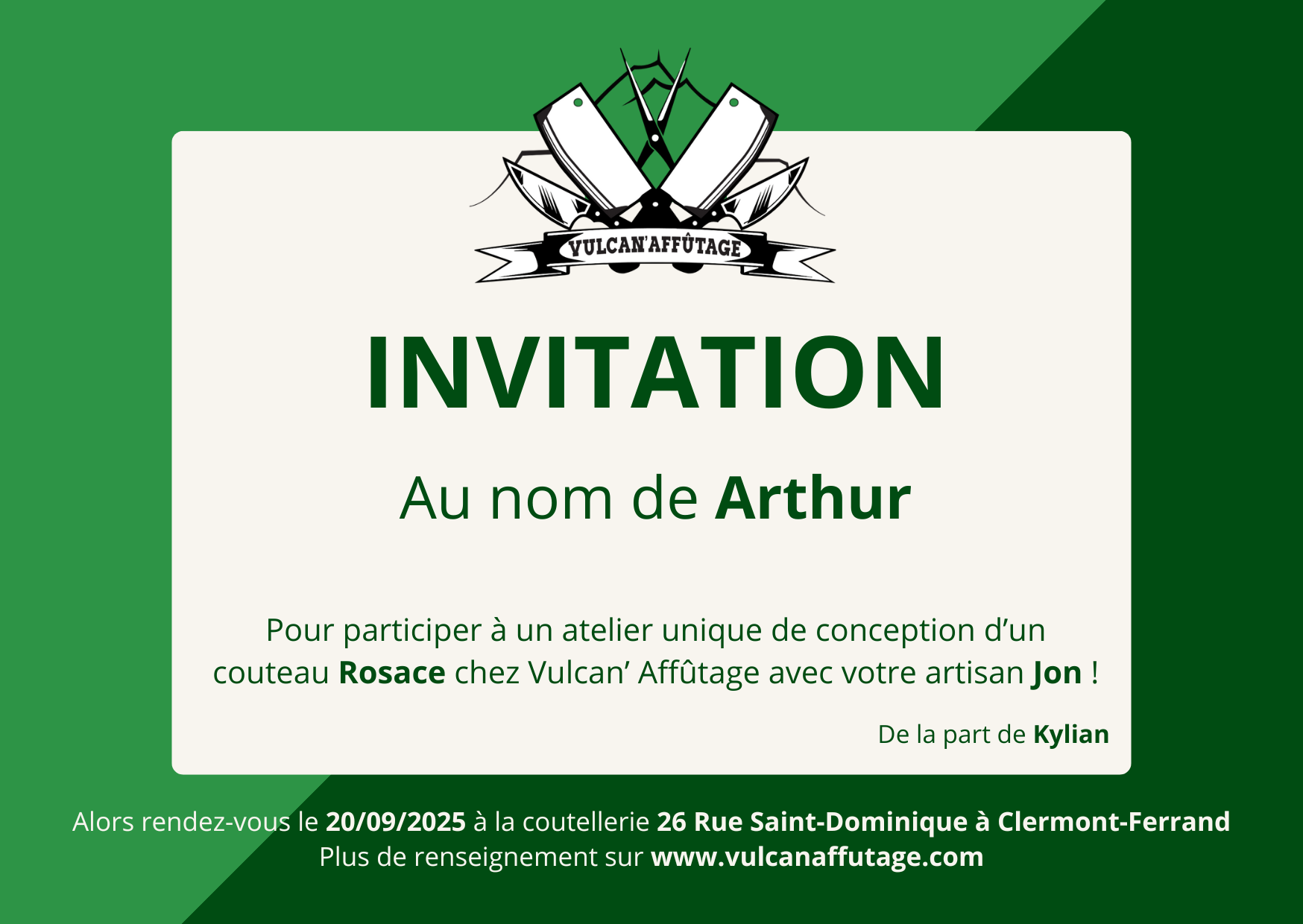Bon cadeau pour l'atelier